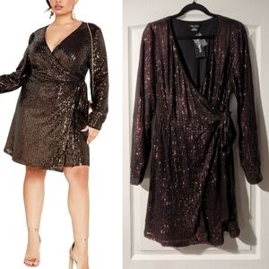 City Chic | Party Glow Wrap Dress In Bronze Sequins